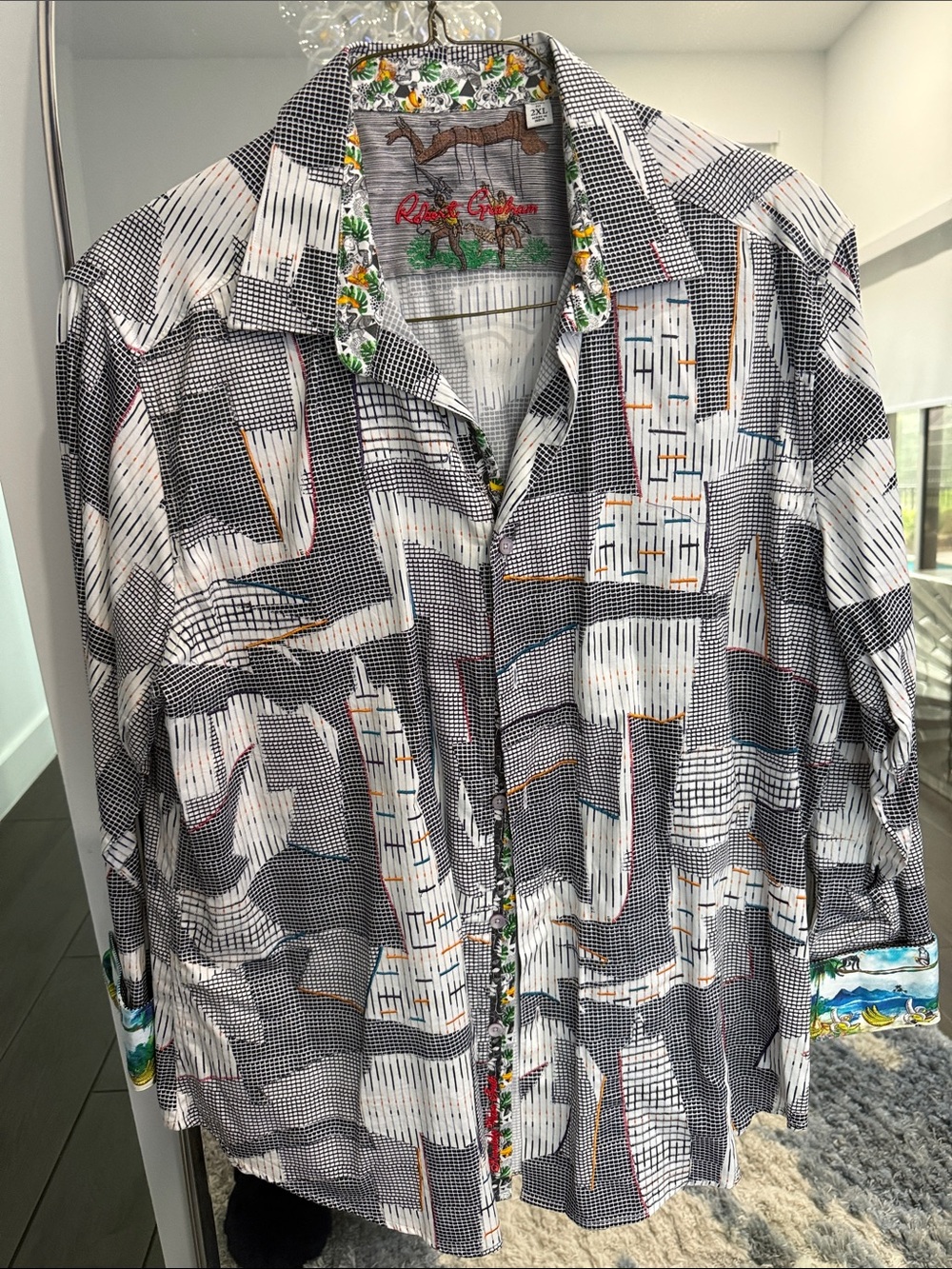 Robert Graham Black & White Grid Shirt with Tropical Accents